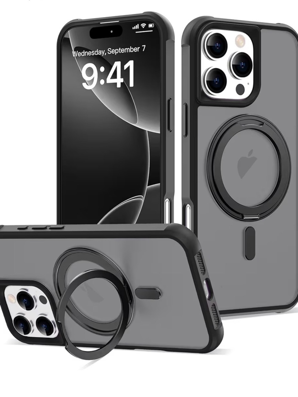 Black 16 Pro Max Case with 360° Rotatable Magnetic Ring Stand